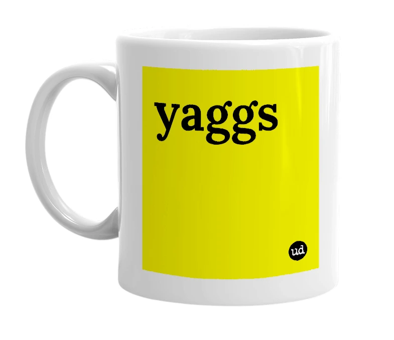 White mug with 'yaggs' in bold black letters