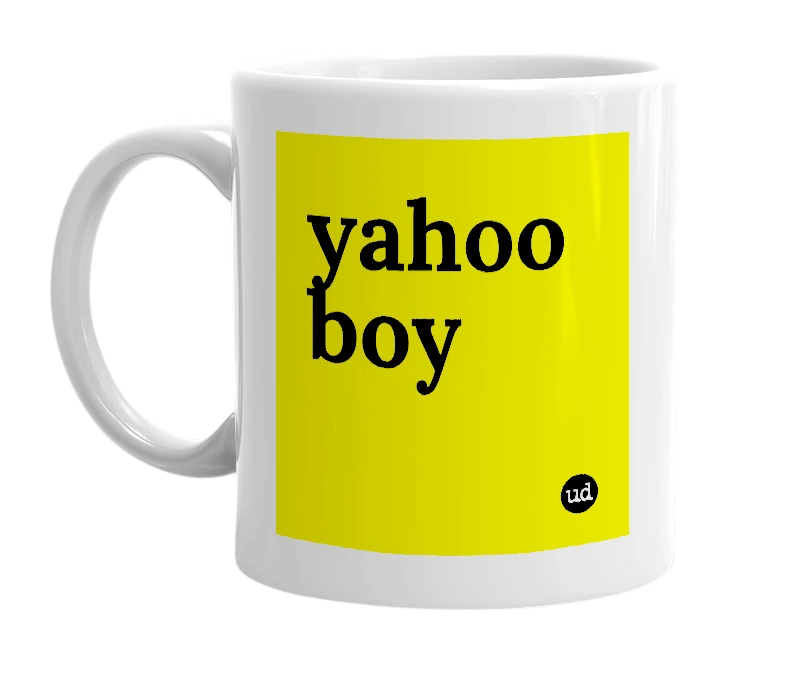 White mug with 'yahoo boy' in bold black letters