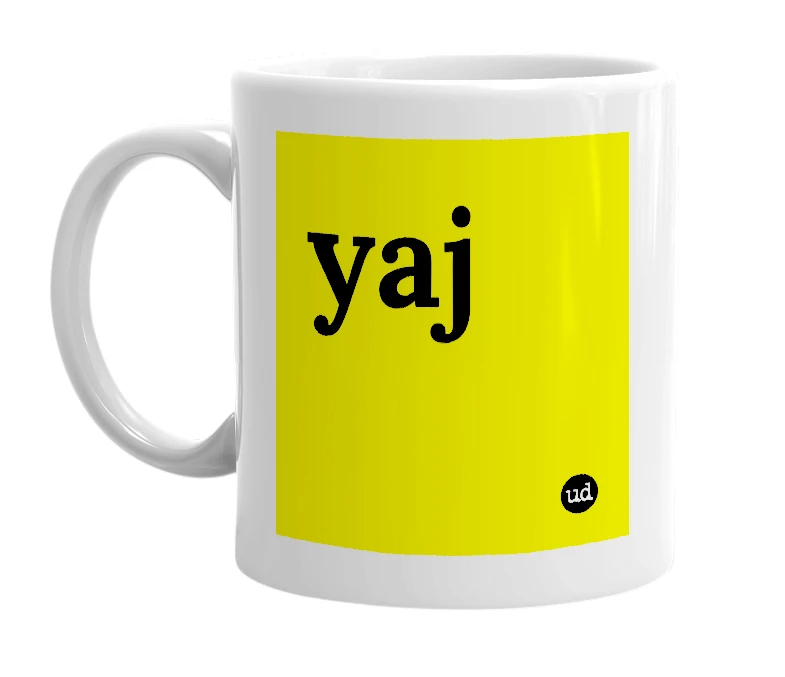 White mug with 'yaj' in bold black letters