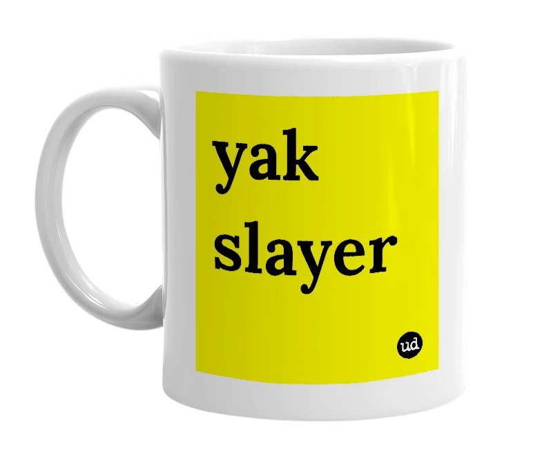 White mug with 'yak slayer' in bold black letters