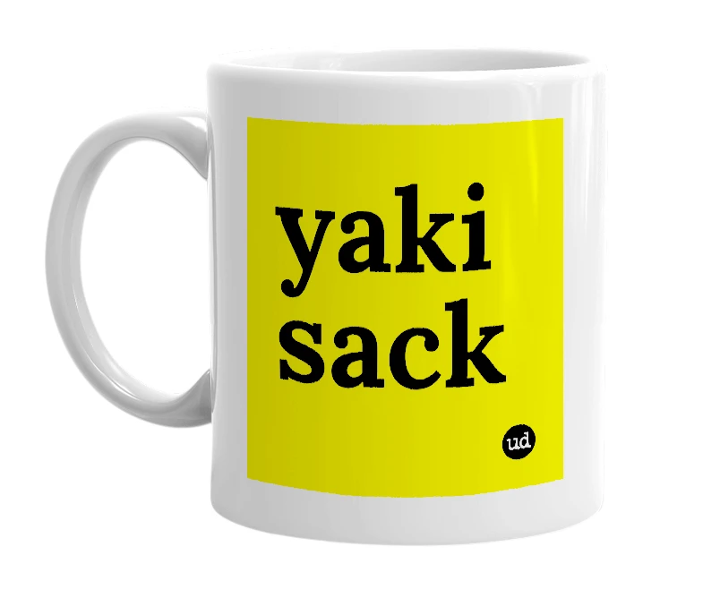 White mug with 'yaki sack' in bold black letters