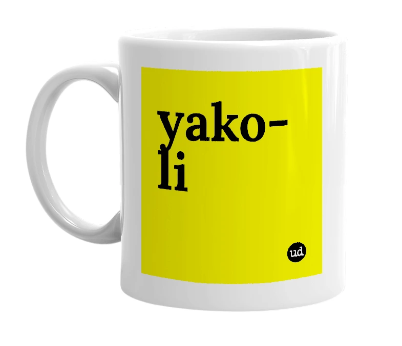 White mug with 'yako-li' in bold black letters