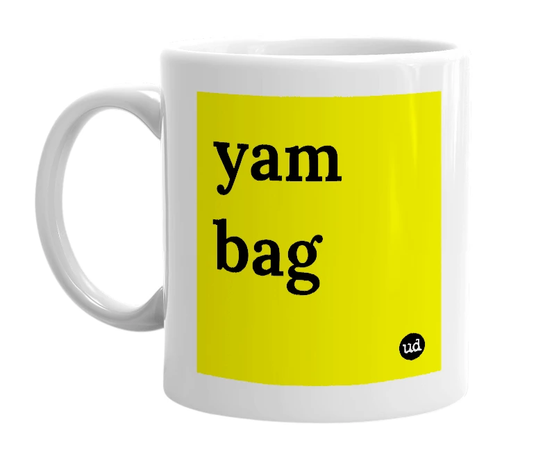 White mug with 'yam bag' in bold black letters