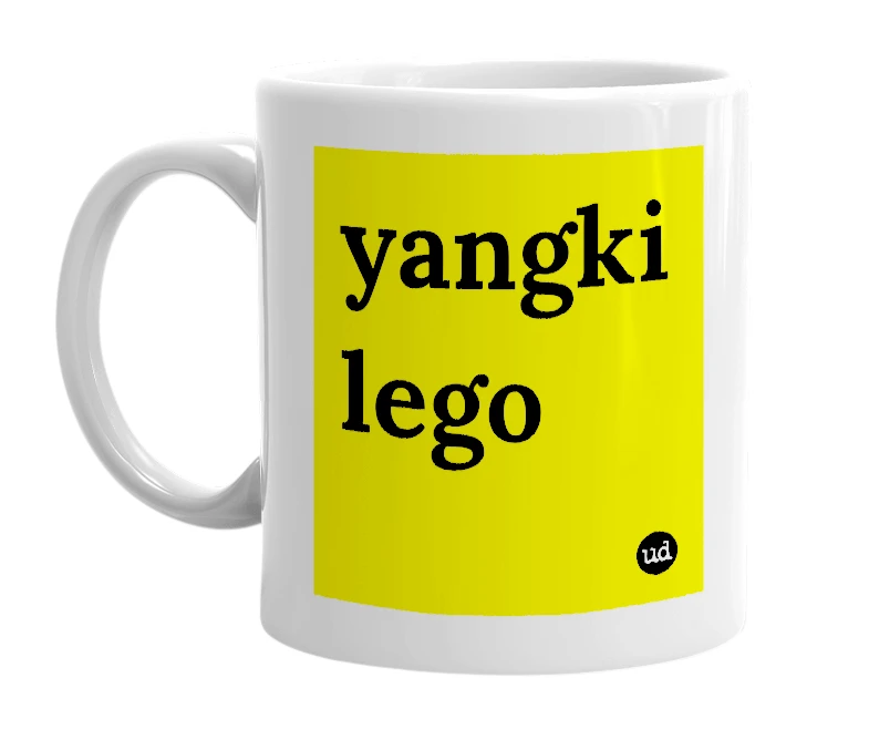 White mug with 'yangki lego' in bold black letters
