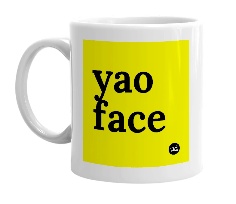 White mug with 'yao face' in bold black letters