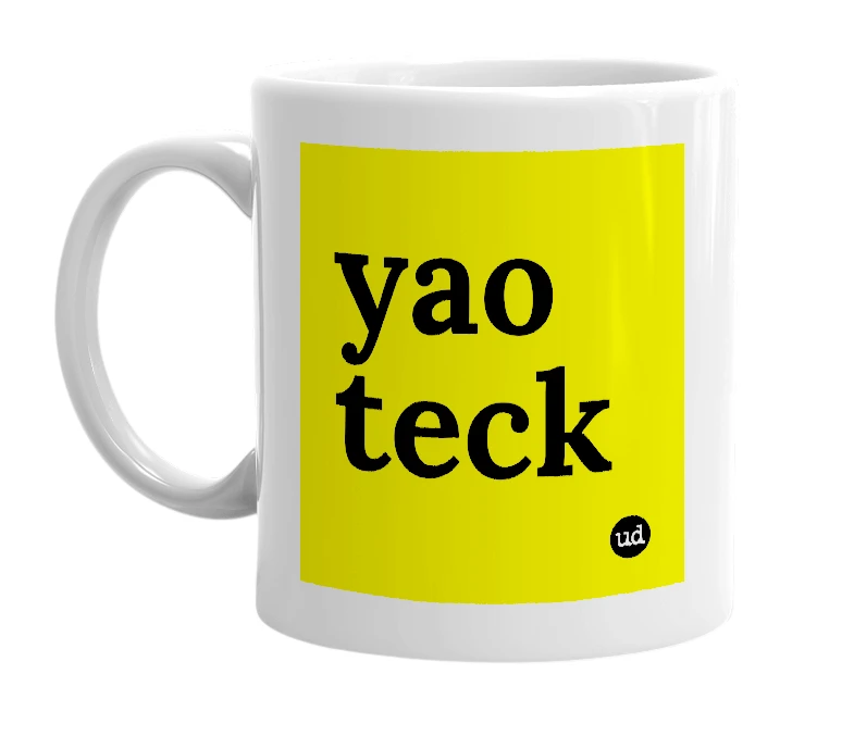 White mug with 'yao teck' in bold black letters