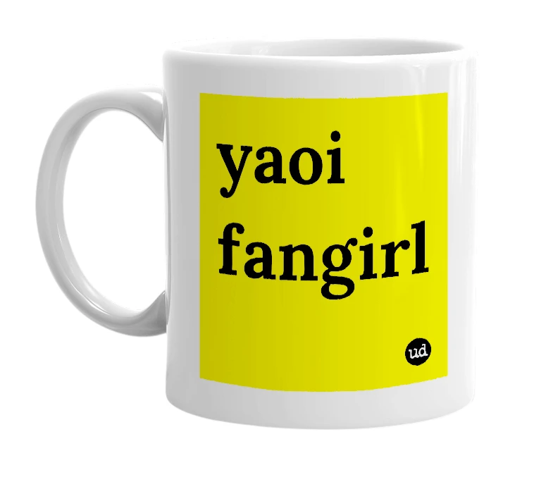 White mug with 'yaoi fangirl' in bold black letters