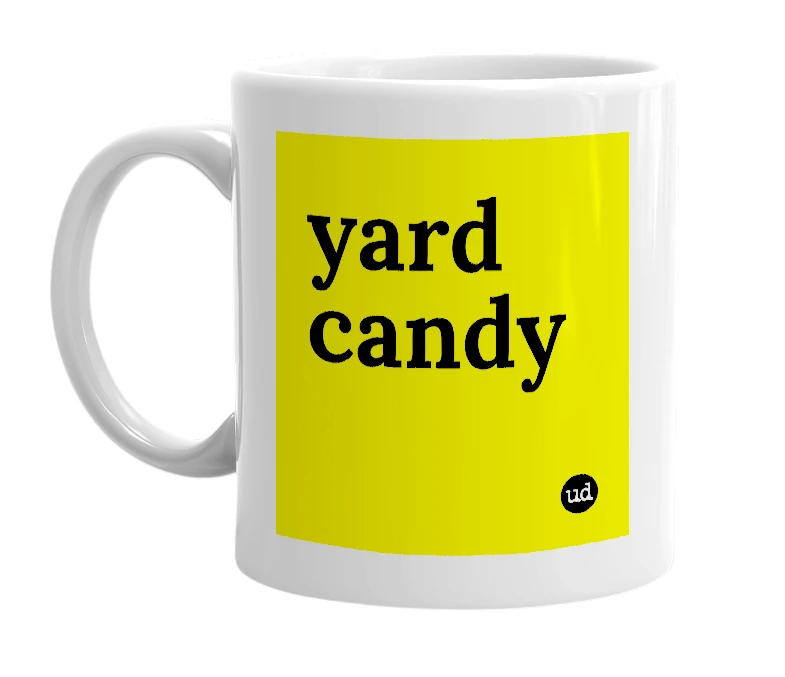 White mug with 'yard candy' in bold black letters