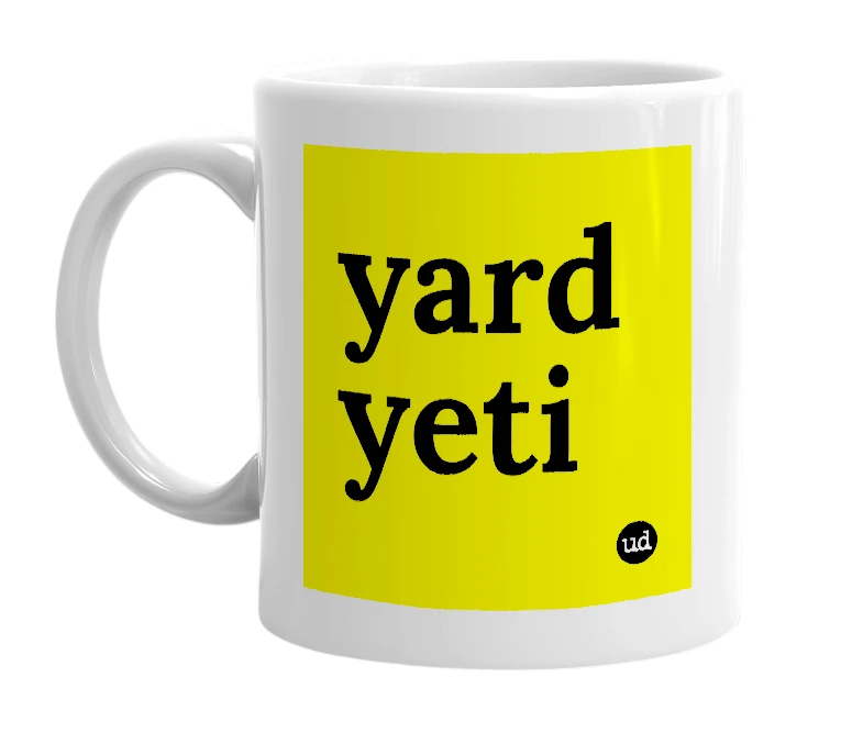 White mug with 'yard yeti' in bold black letters