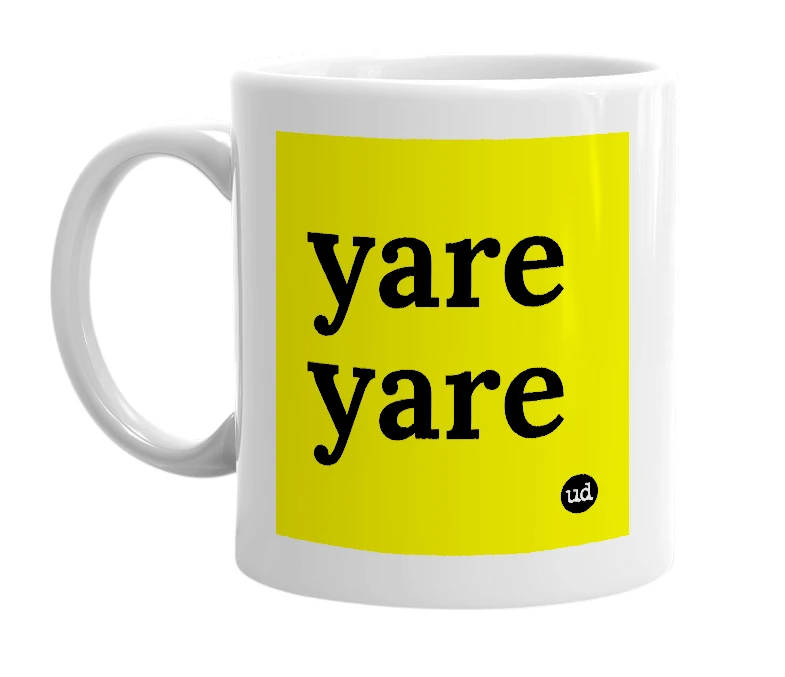 White mug with 'yare yare' in bold black letters