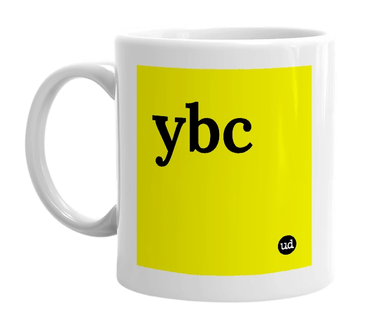 White mug with 'ybc' in bold black letters