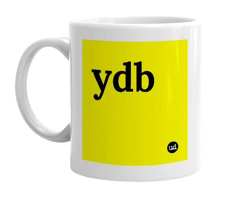 White mug with 'ydb' in bold black letters