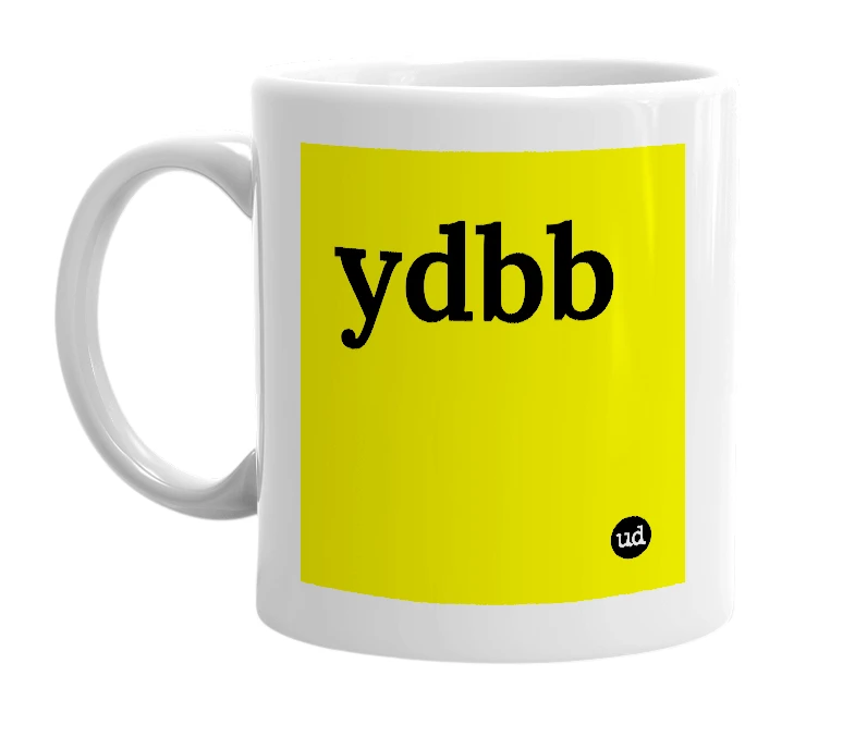 White mug with 'ydbb' in bold black letters