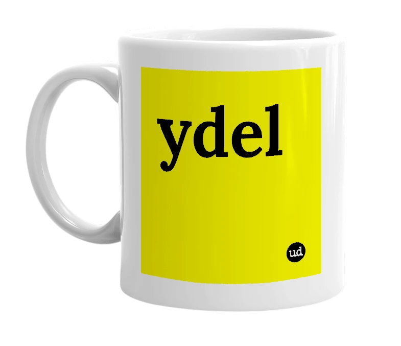 White mug with 'ydel' in bold black letters