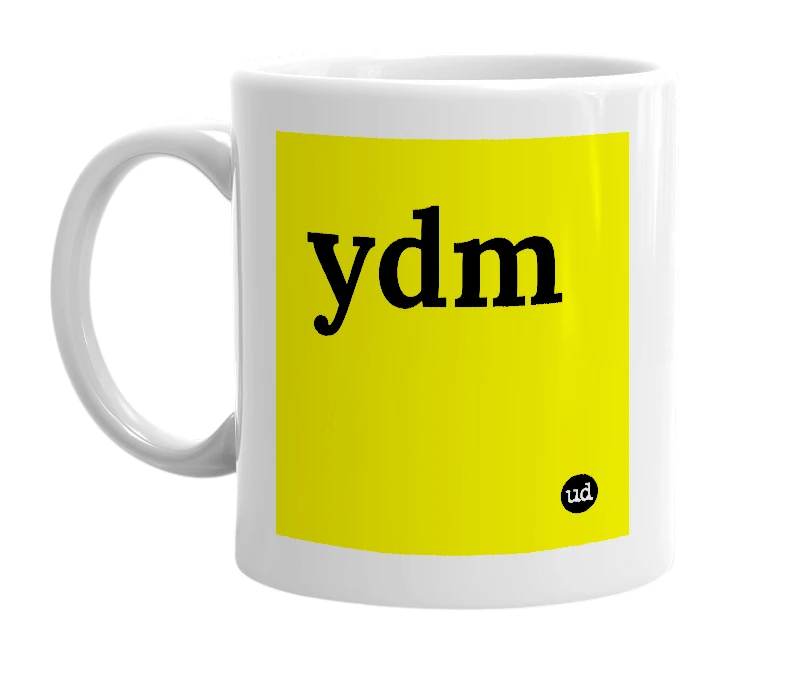 White mug with 'ydm' in bold black letters