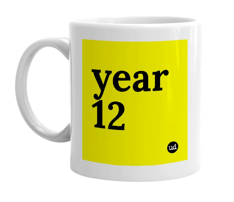White mug with 'year 12' in bold black letters