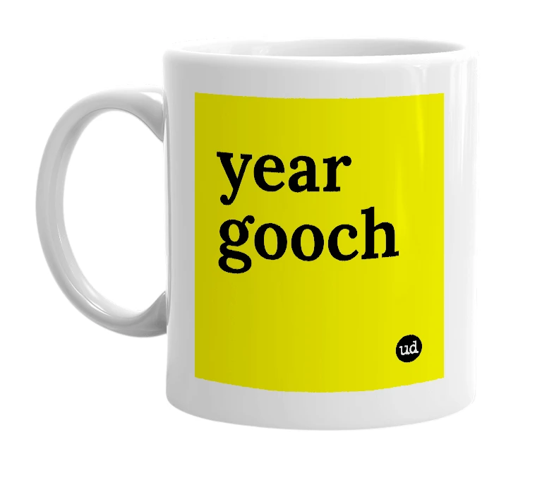 White mug with 'year gooch' in bold black letters