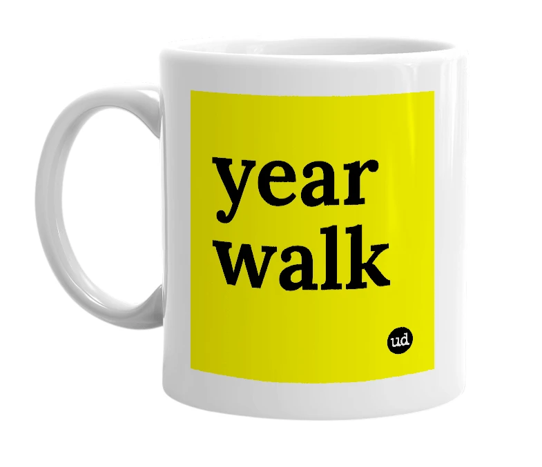 White mug with 'year walk' in bold black letters