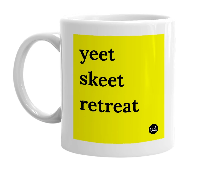 White mug with 'yeet skeet retreat' in bold black letters
