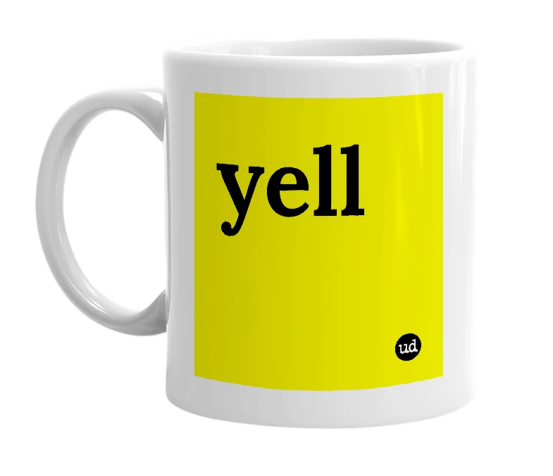 White mug with 'yell' in bold black letters