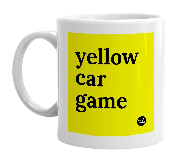 White mug with 'yellow car game' in bold black letters