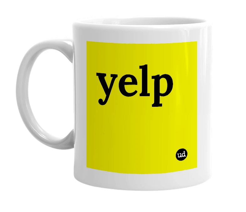 White mug with 'yelp' in bold black letters