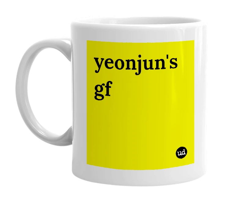 White mug with 'yeonjun's gf' in bold black letters