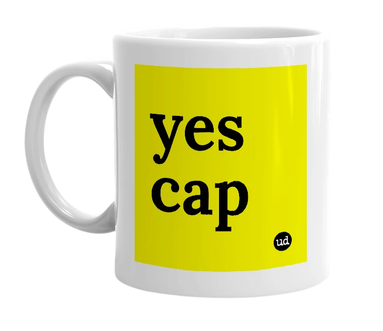 White mug with 'yes cap' in bold black letters