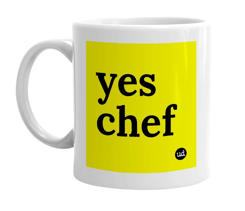 White mug with 'yes chef' in bold black letters
