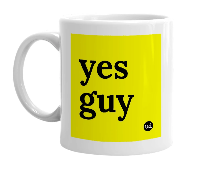 White mug with 'yes guy' in bold black letters