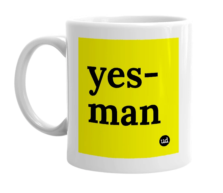 White mug with 'yes-man' in bold black letters