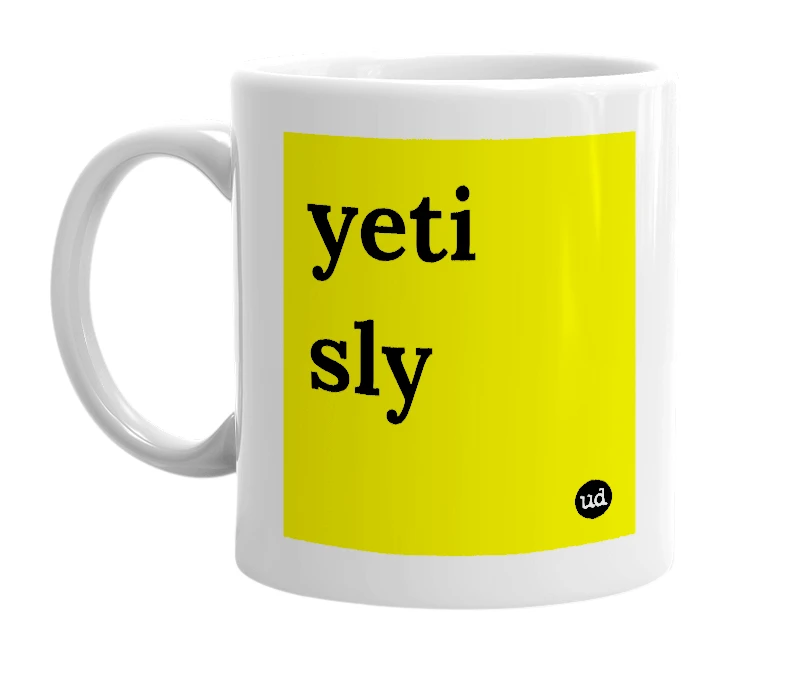White mug with 'yeti sly' in bold black letters