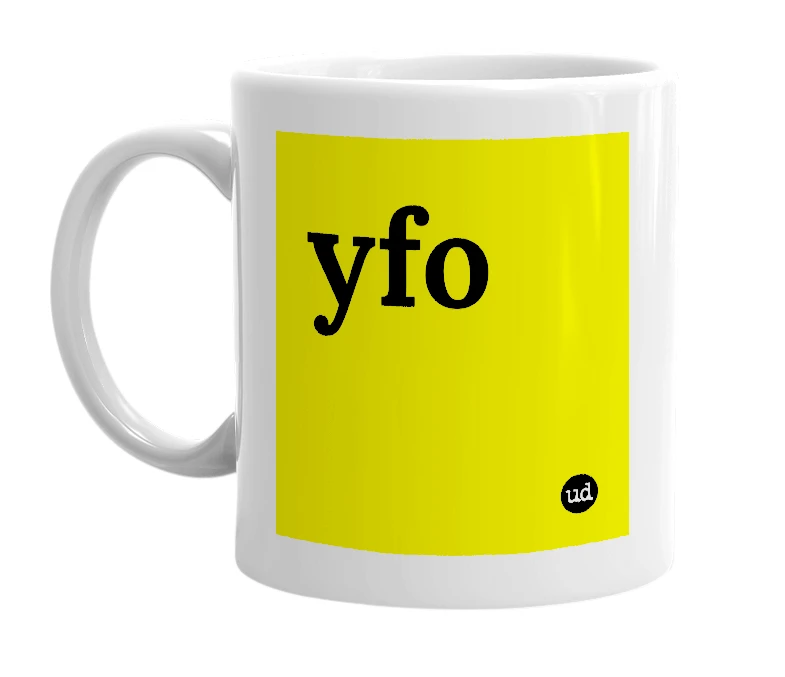 White mug with 'yfo' in bold black letters