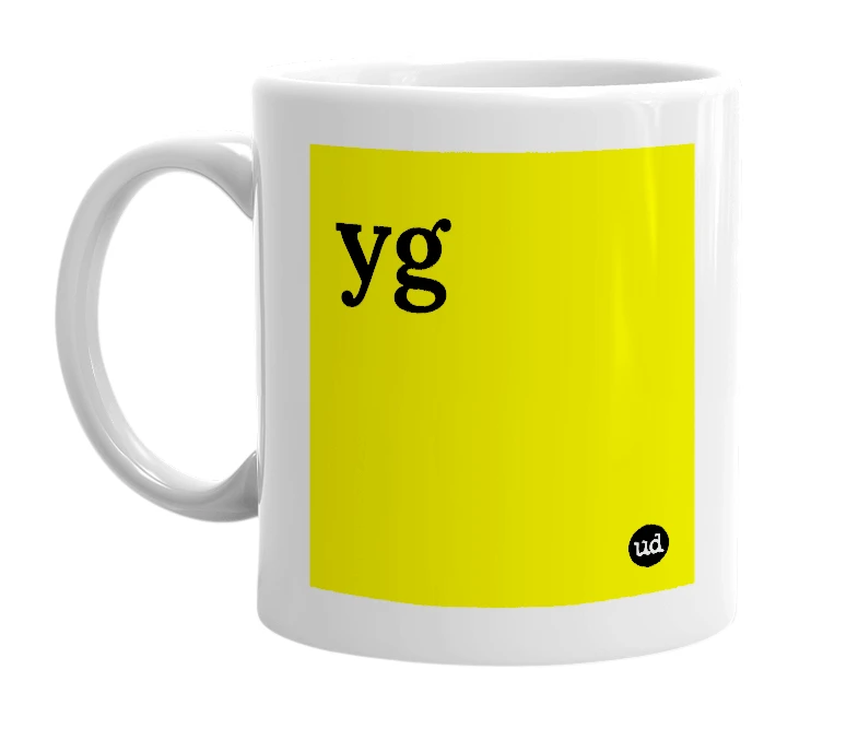 White mug with 'yg' in bold black letters