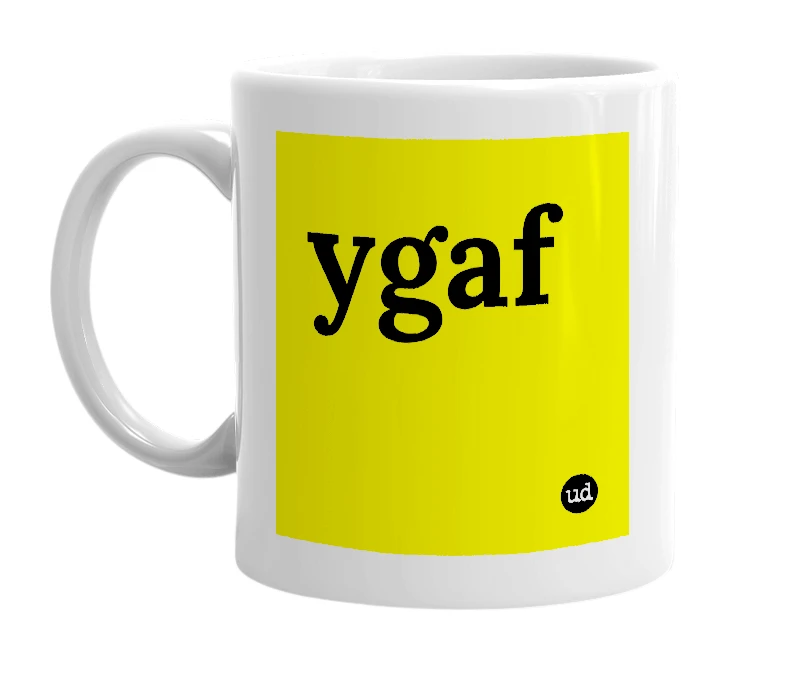 White mug with 'ygaf' in bold black letters
