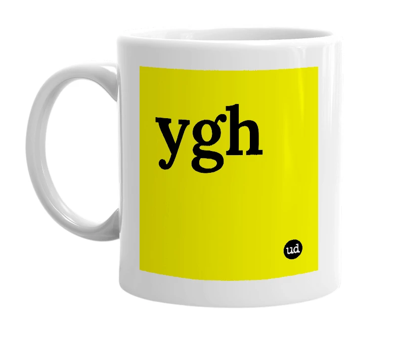 White mug with 'ygh' in bold black letters