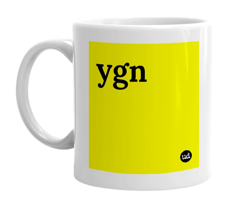 White mug with 'ygn' in bold black letters