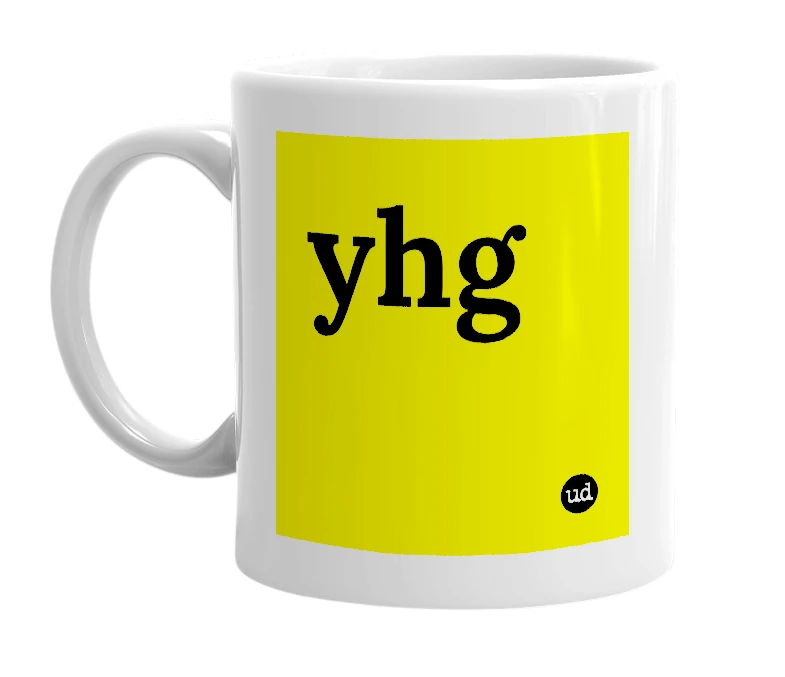 White mug with 'yhg' in bold black letters