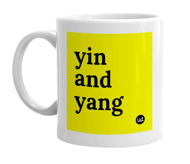 White mug with 'yin and yang' in bold black letters
