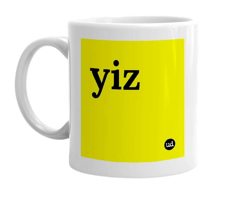 White mug with 'yiz' in bold black letters