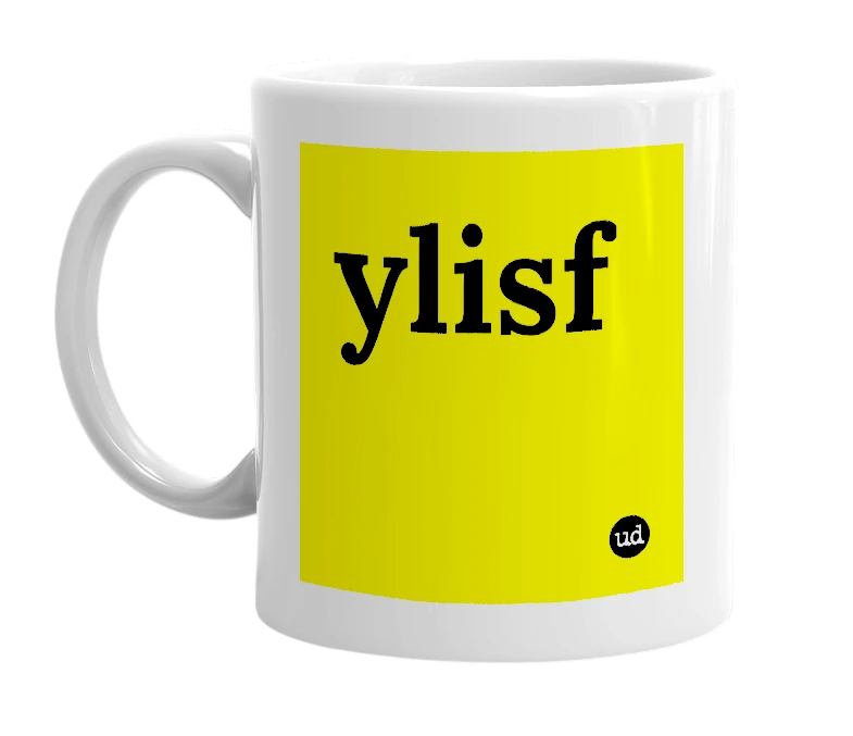 White mug with 'ylisf' in bold black letters