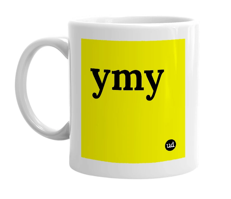 White mug with 'ymy' in bold black letters