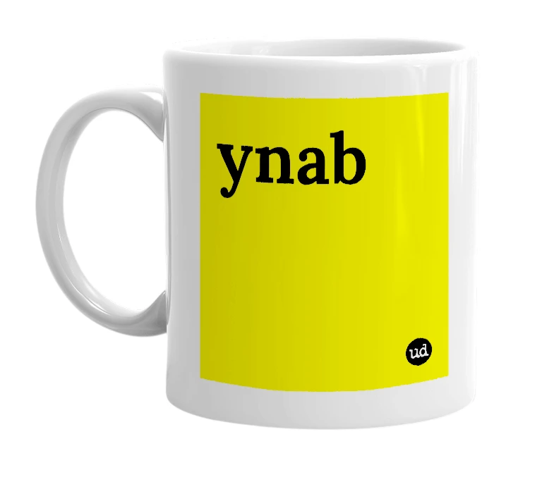 White mug with 'ynab' in bold black letters