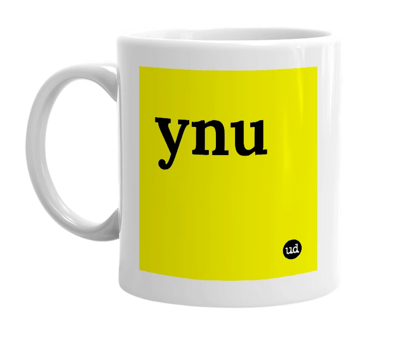 White mug with 'ynu' in bold black letters