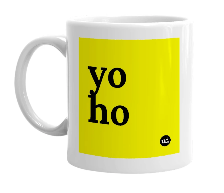 White mug with 'yo ho' in bold black letters