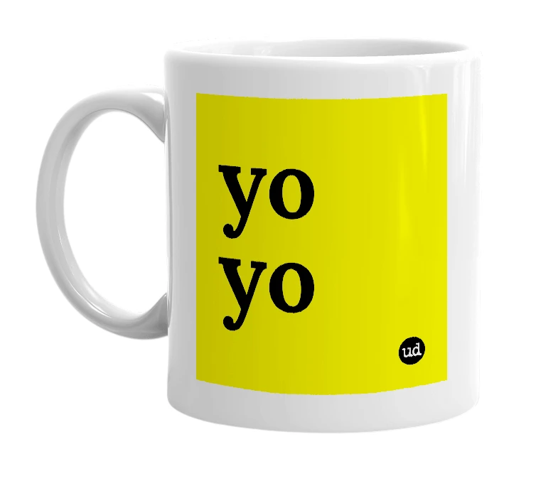 White mug with 'yo yo' in bold black letters