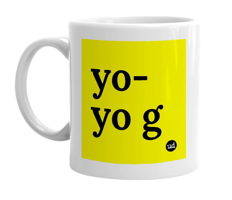 White mug with 'yo-yo g' in bold black letters