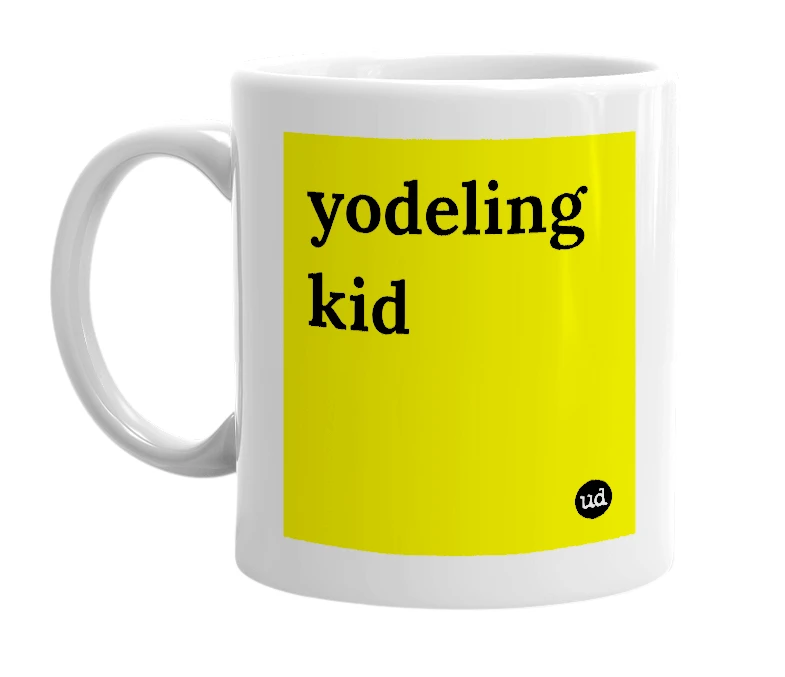 White mug with 'yodeling kid' in bold black letters