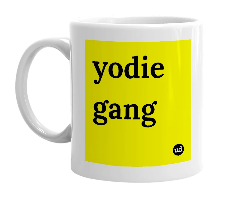 White mug with 'yodie gang' in bold black letters