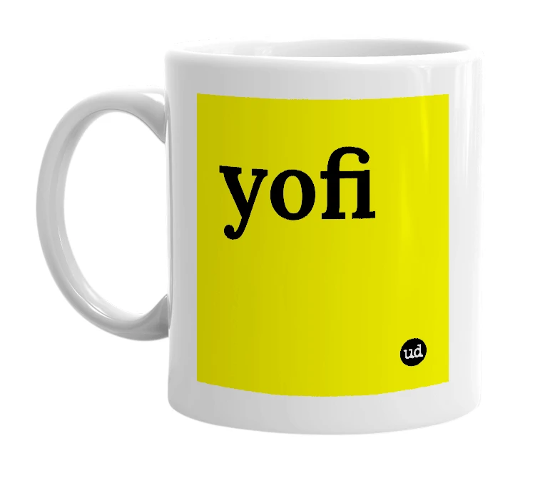 White mug with 'yofi' in bold black letters
